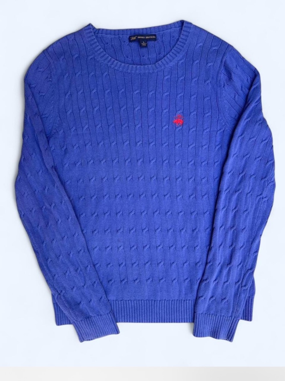 Brooks Brothers Men’s Blue Cable Knit Crewneck Sweater Preppy Nautical Coastal L